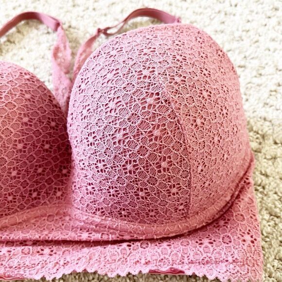 Victorias Secret Long Line Bra Size 32D Rose Pink Padded No Wire Pullover Body - Picture 3 of 8